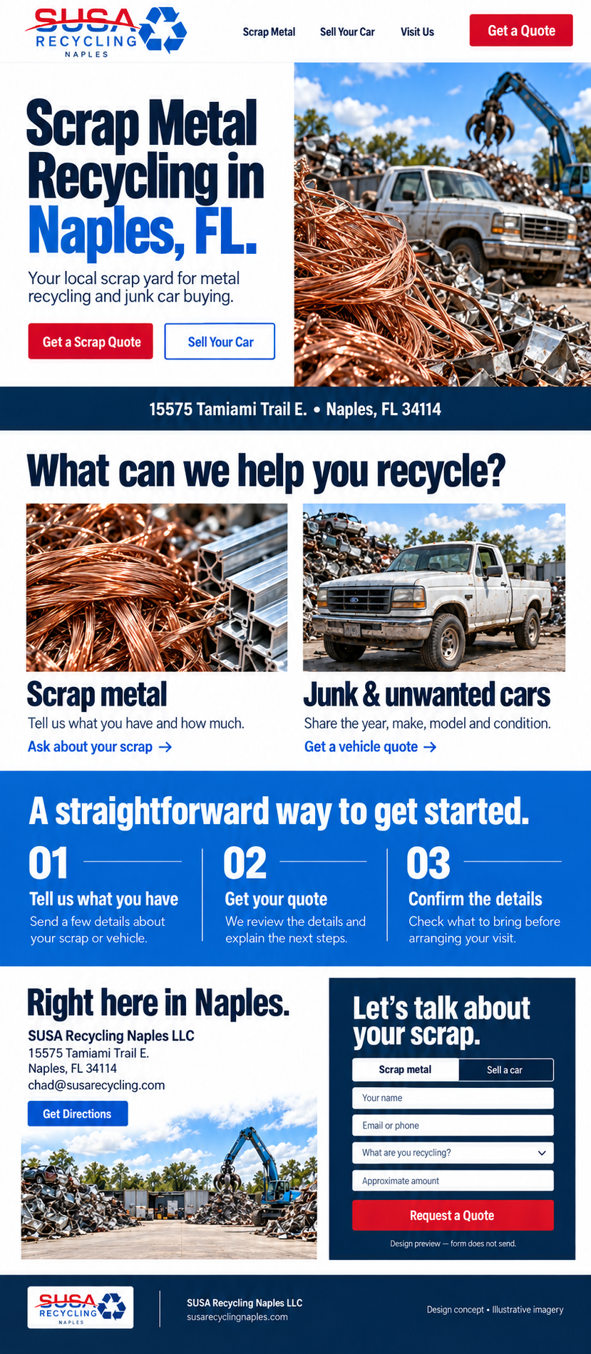 Recycling illustration with scrap metal and vehicles